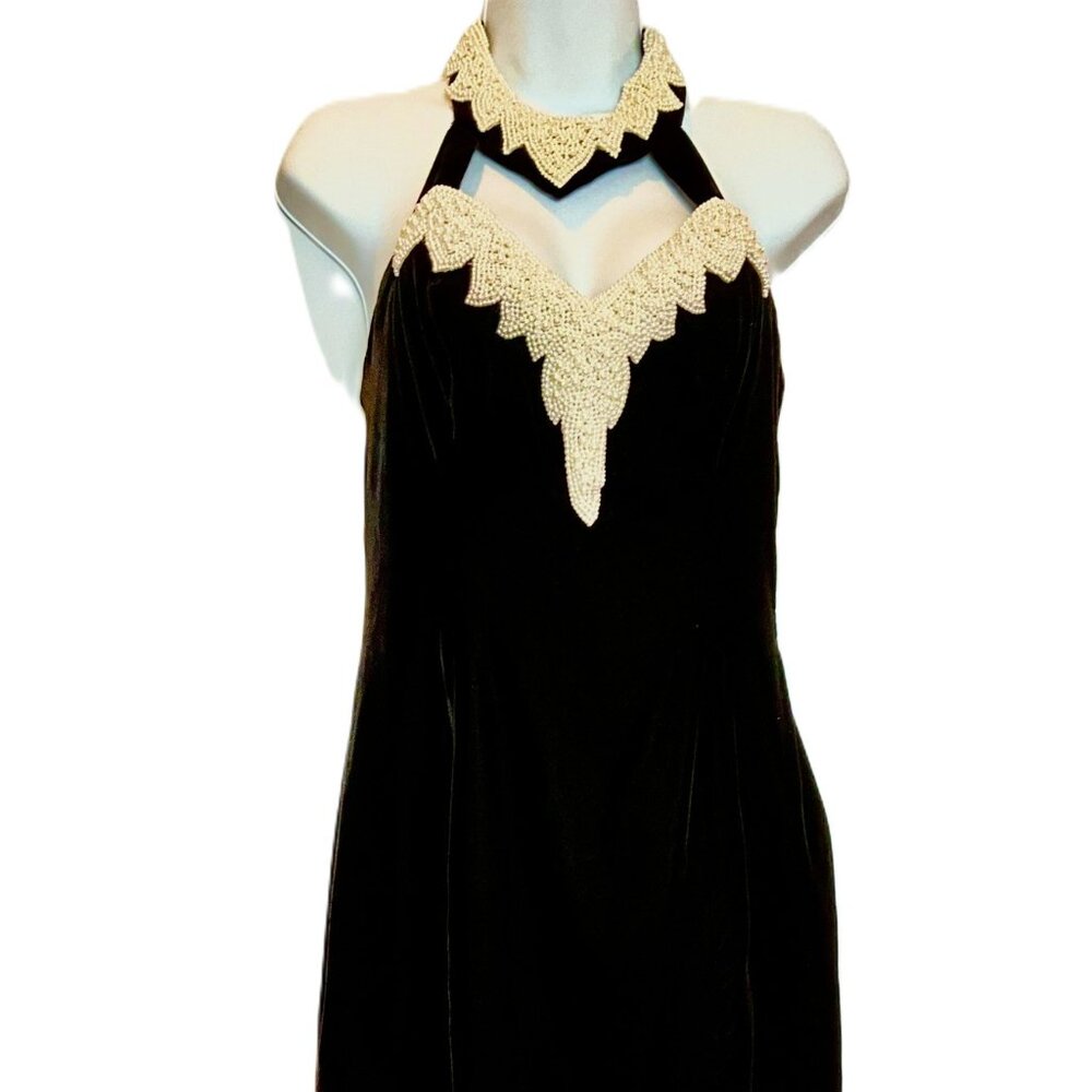 DAVE & JOHNNY Black Cherry Velvet Pearl Halter Gown-Made in USA-Size 8